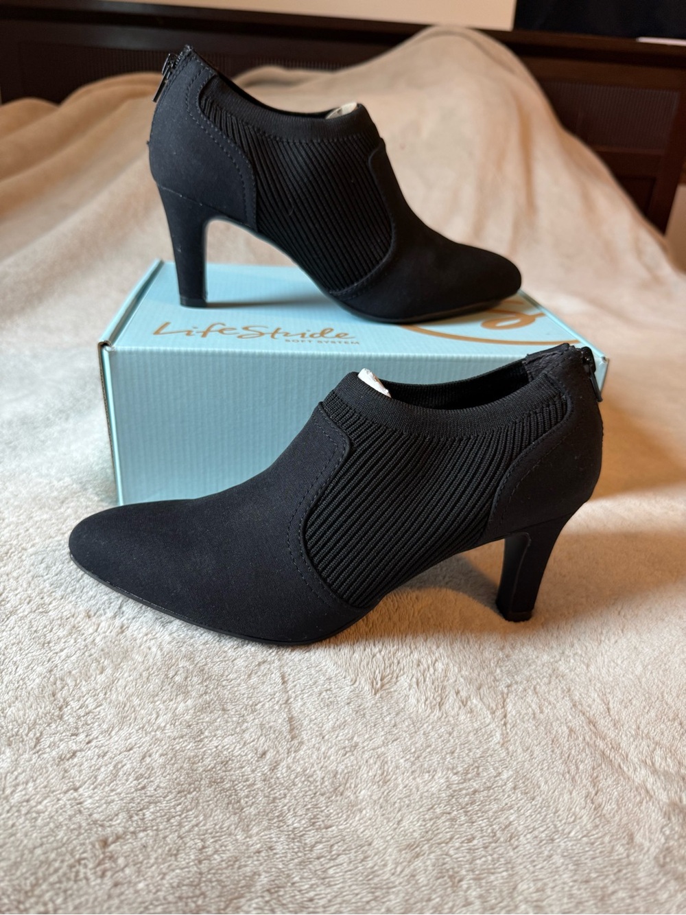 Life Stride Black Suede-Look Pointed Toe Ankle Booties